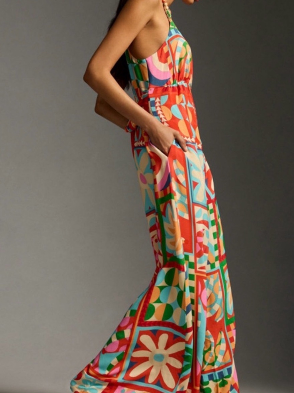 FARM Rio Anthropologie Beaded Strap Wide Leg Tropical Halter Jumpsuit Large - Picture 4 of 16